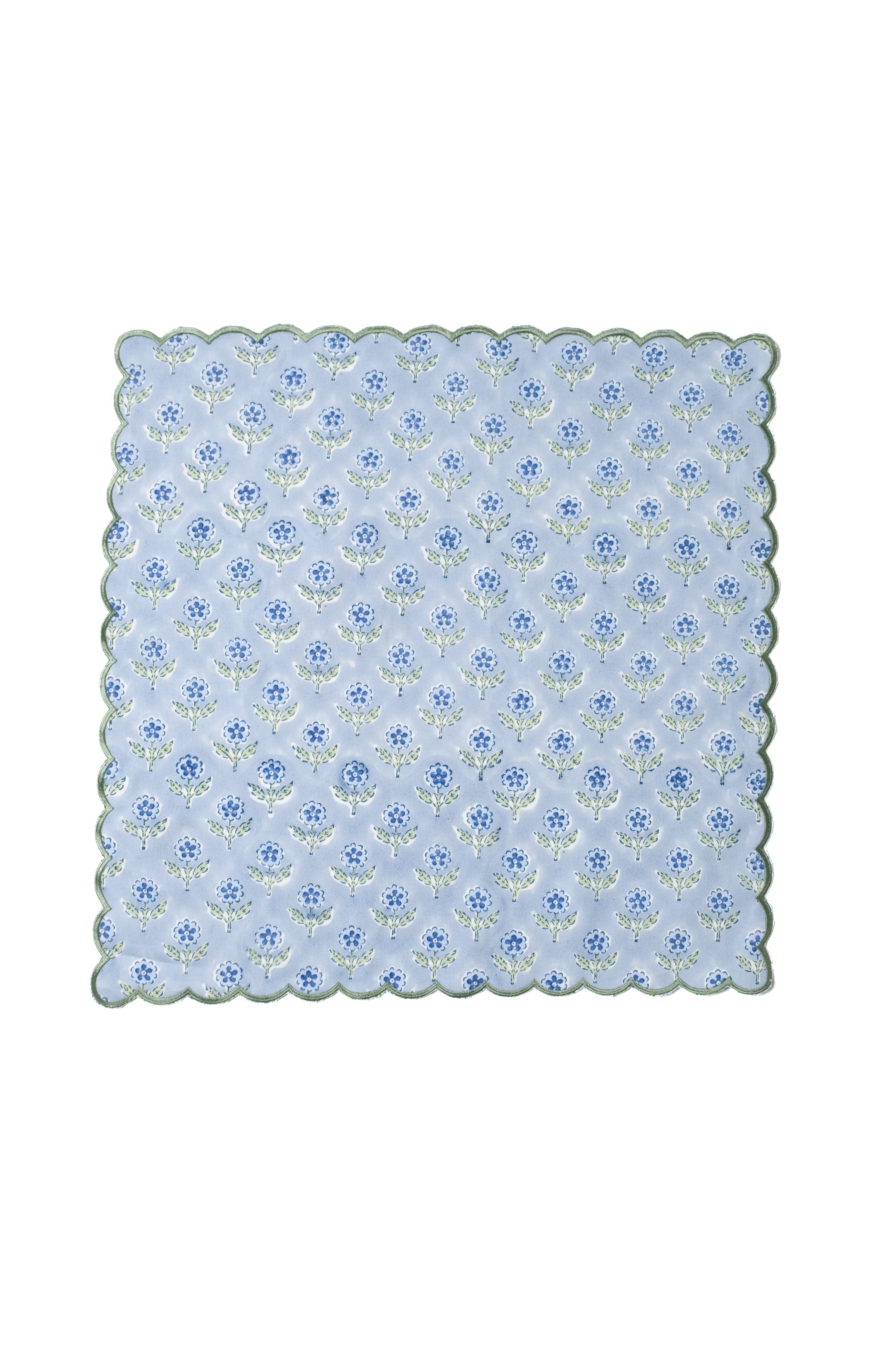 Mona Scallop Embroidered Blockprint Napkins in Blue, Set of 4