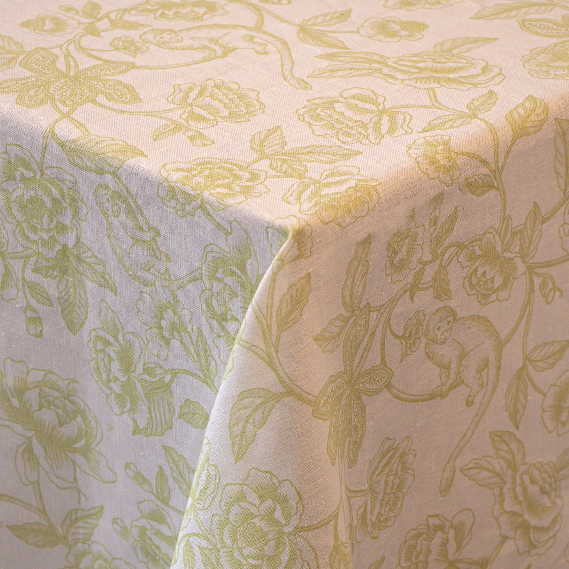 Ivory Flora Parlour Linen Tablecloth in Green and White