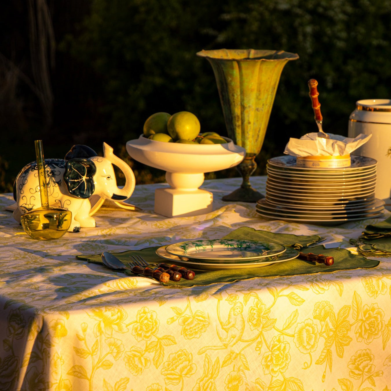 Ivory Flora Parlour Linen Tablecloth in Green and White