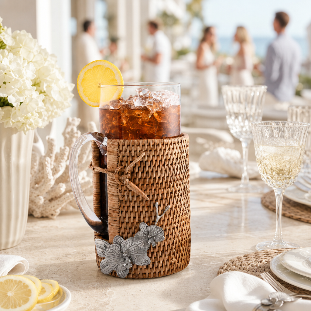 Orchid Glass Pitcher Hand Woven Wicker Natural Rattan Cover
