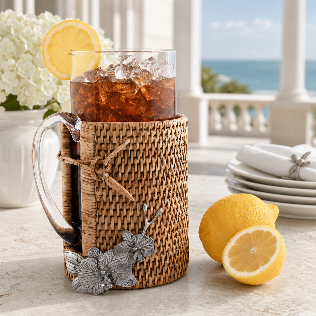 Orchid Glass Pitcher Hand Woven Wicker Natural Rattan Cover