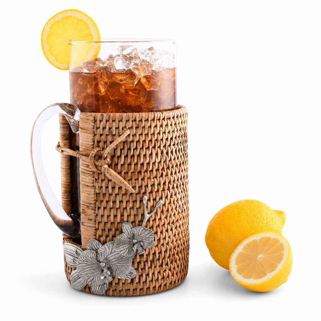 Orchid Glass Pitcher Hand Woven Wicker Natural Rattan Cover