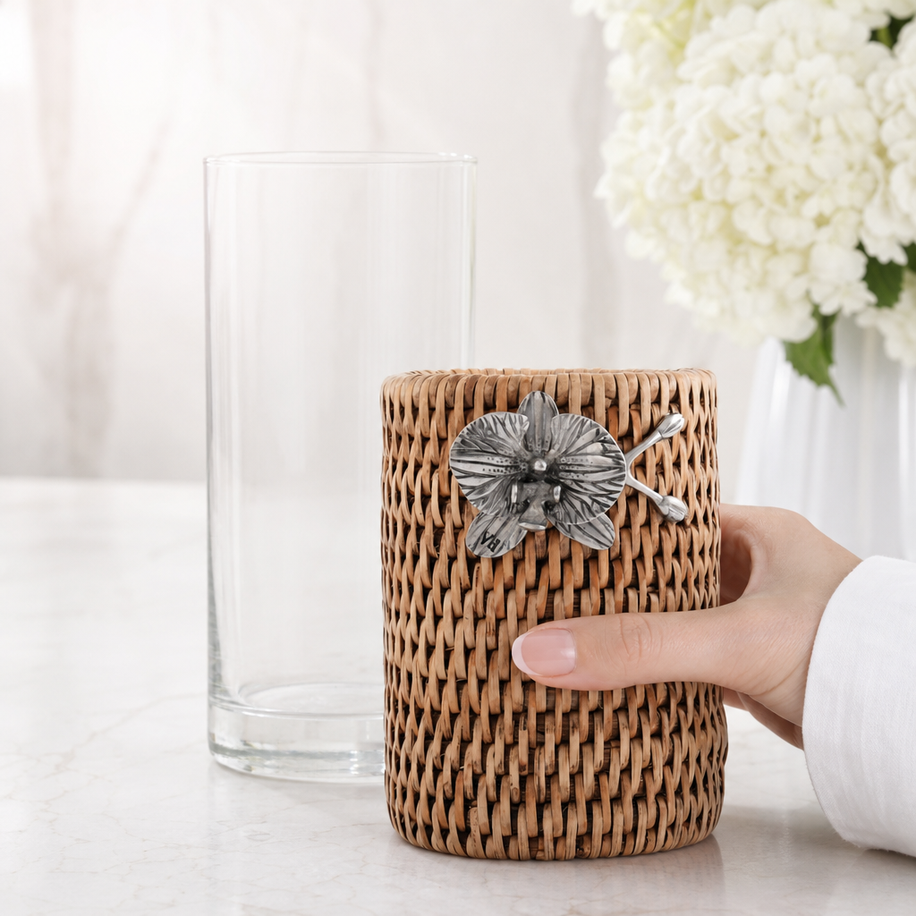 Orchid Drinking Glass Covered with Hand Woven Wicker Rattan - Set of 4