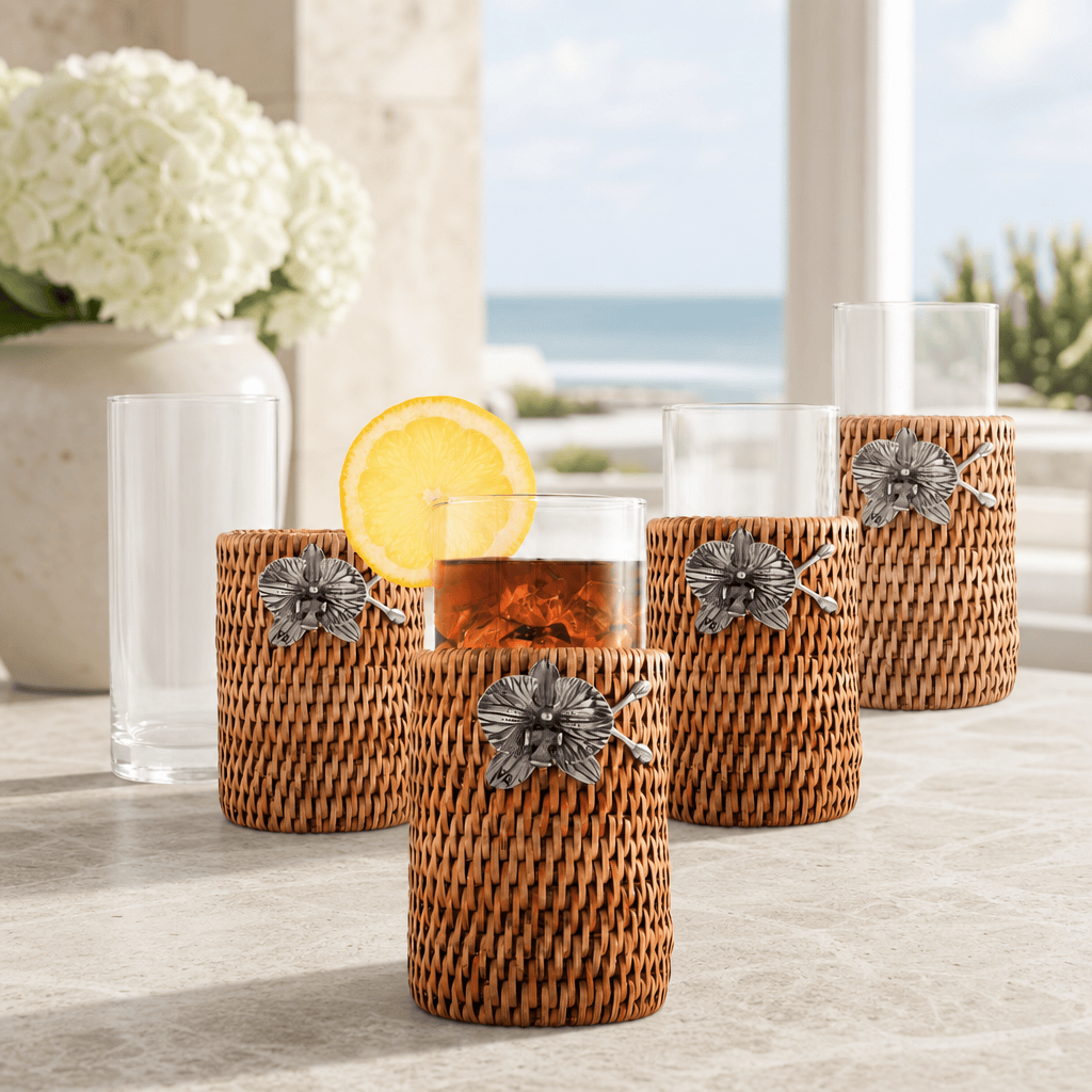 Orchid Drinking Glass Covered with Hand Woven Wicker Rattan - Set of 4