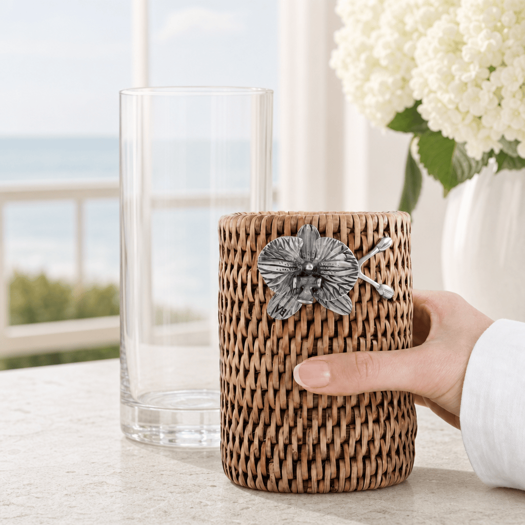 Orchid Drinking Glass Covered with Hand Woven Wicker Rattan - Set of 4