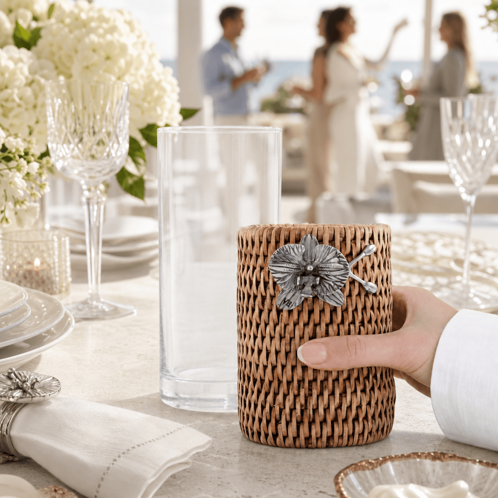 Orchid Drinking Glass Covered with Hand Woven Wicker Rattan - Set of 4