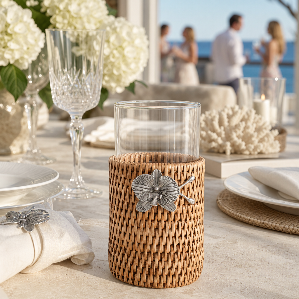 Orchid Drinking Glass Covered with Hand Woven Wicker Rattan - Set of 4