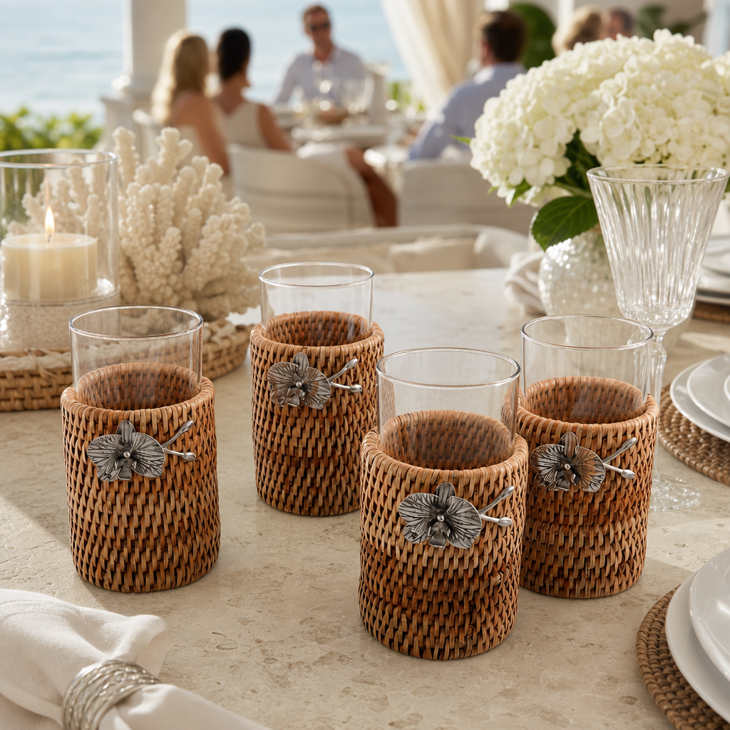 Orchid Drinking Glass Covered with Hand Woven Wicker Rattan - Set of 4