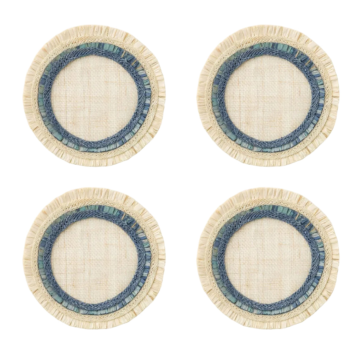 Ruffle Edge Abaca Coasters in Indigo — set of coasters shown on a plain background.
