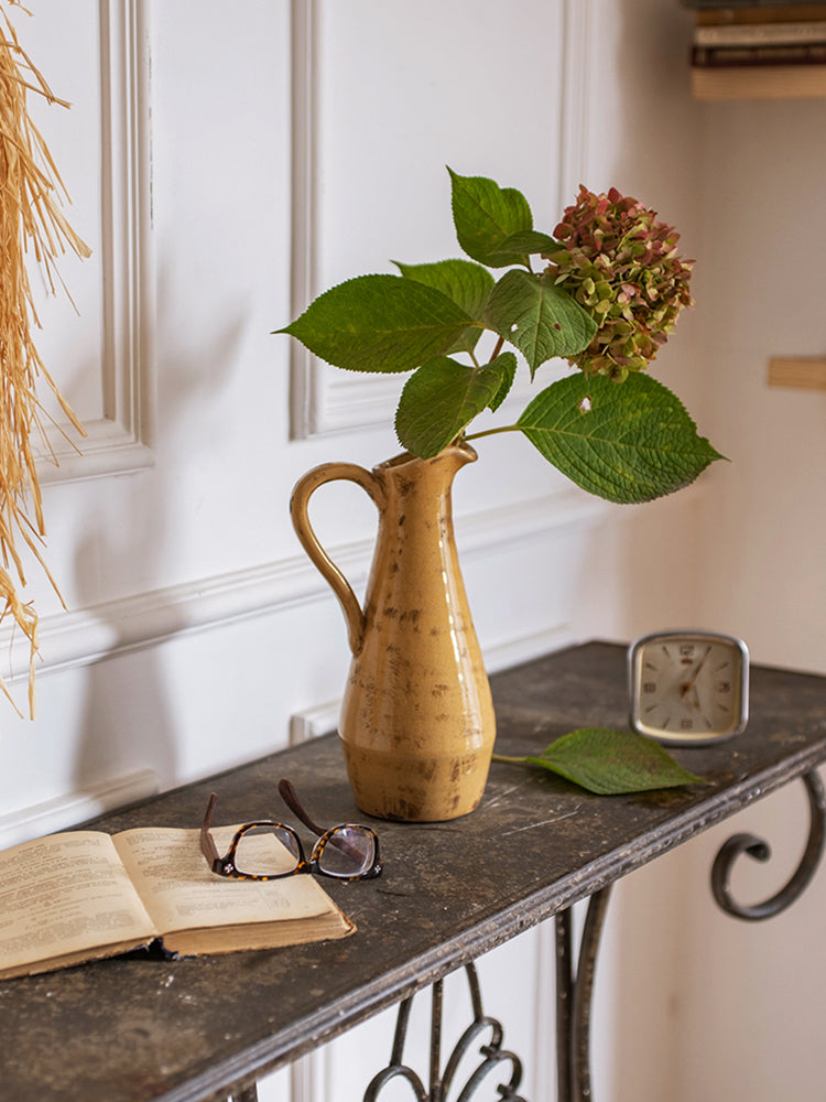 Terra Cotta Single Handle Vase in Cream Yellow