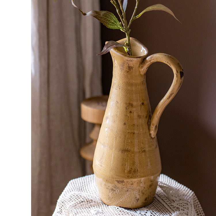 Terra Cotta Single Handle Vase in Cream Yellow