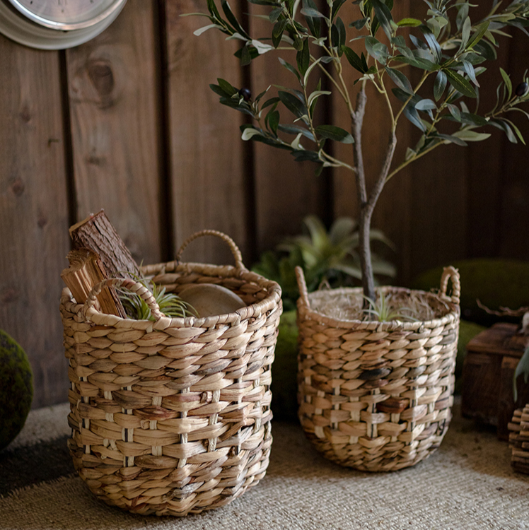 Natural Straw Round Basket in Khaki with Handles