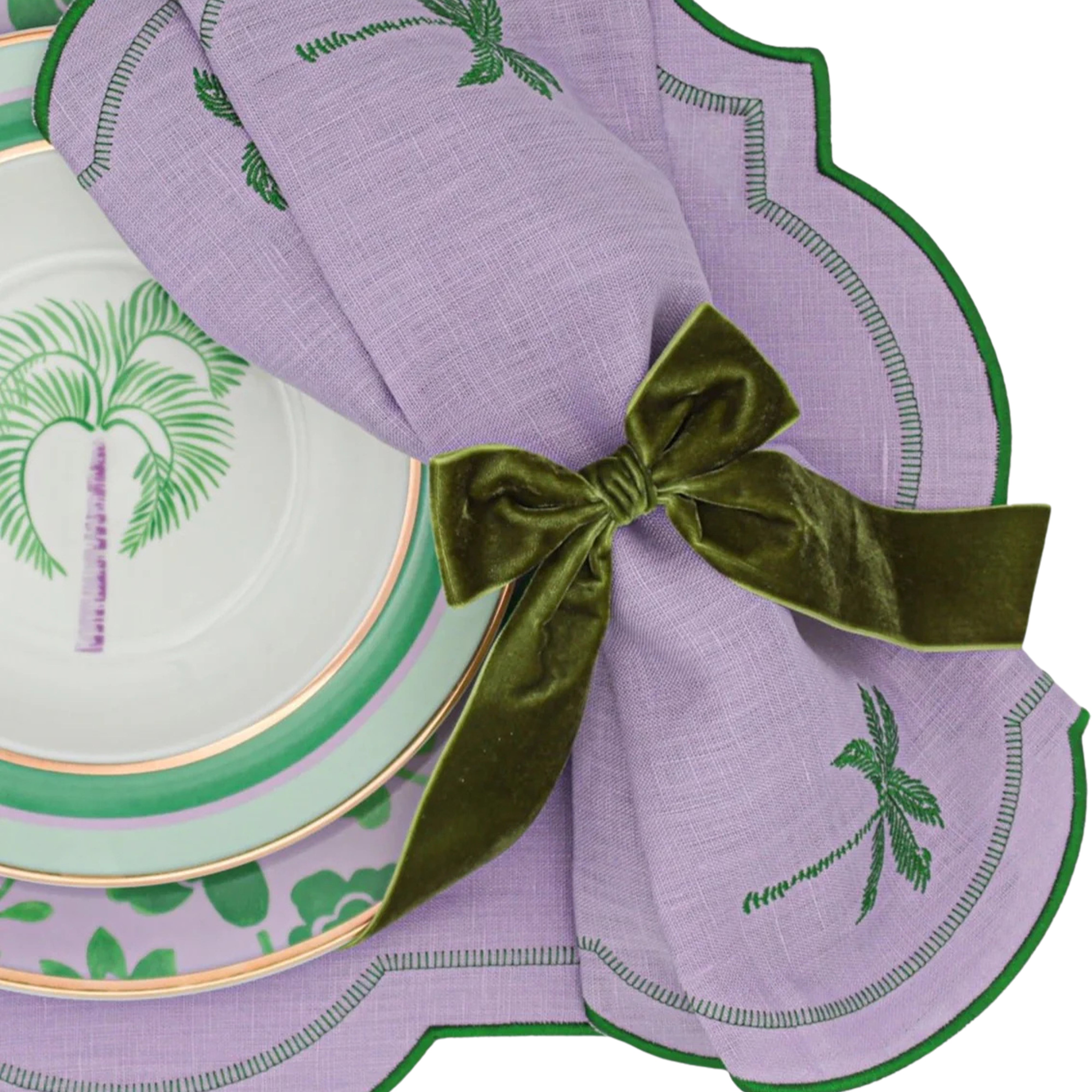 Jeweled Mirage Linen Napkin in Lilac with Green Embroidery and Trim (Set of 4)