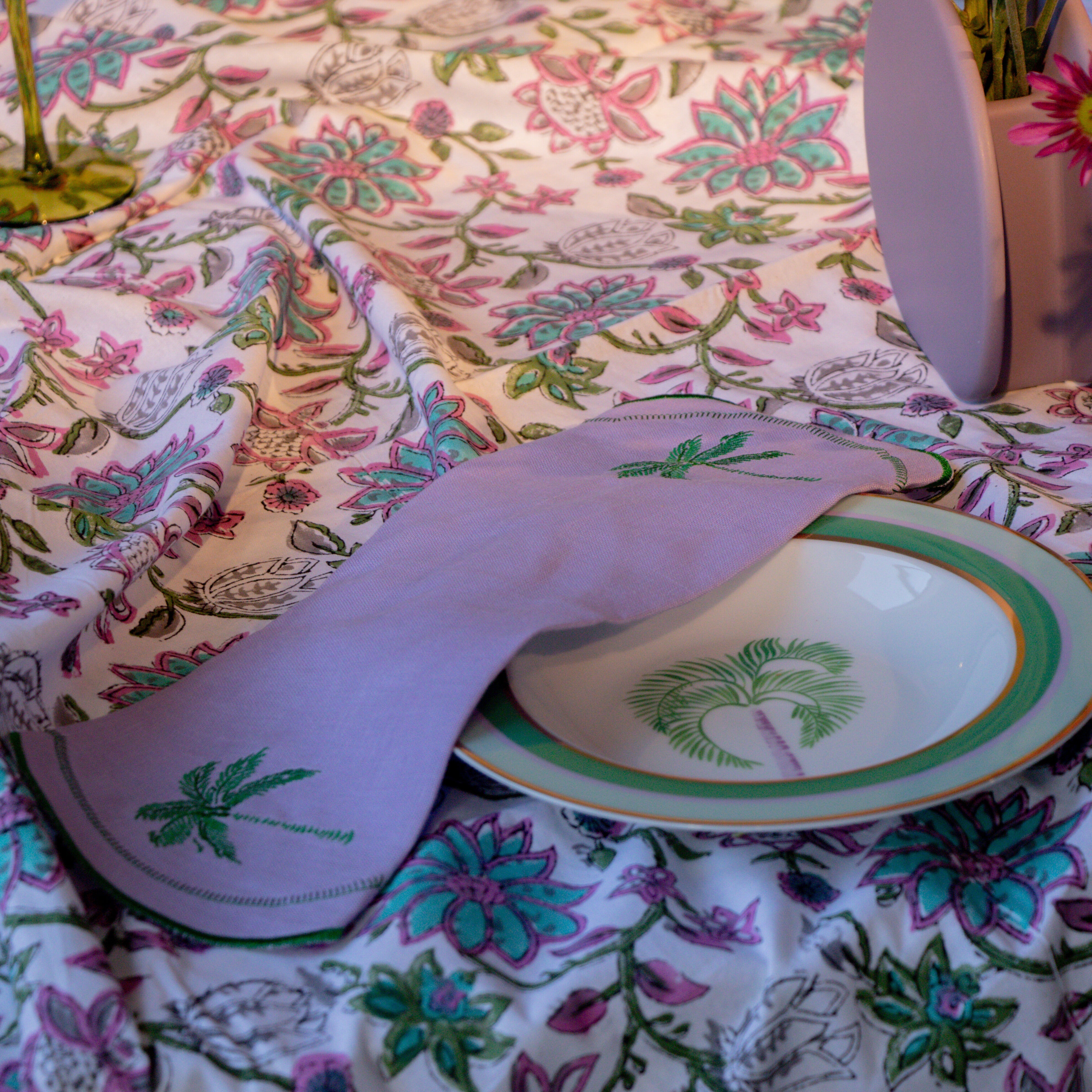 Jeweled Mirage Linen Napkin in Lilac with Green Embroidery and Trim (Set of 4)