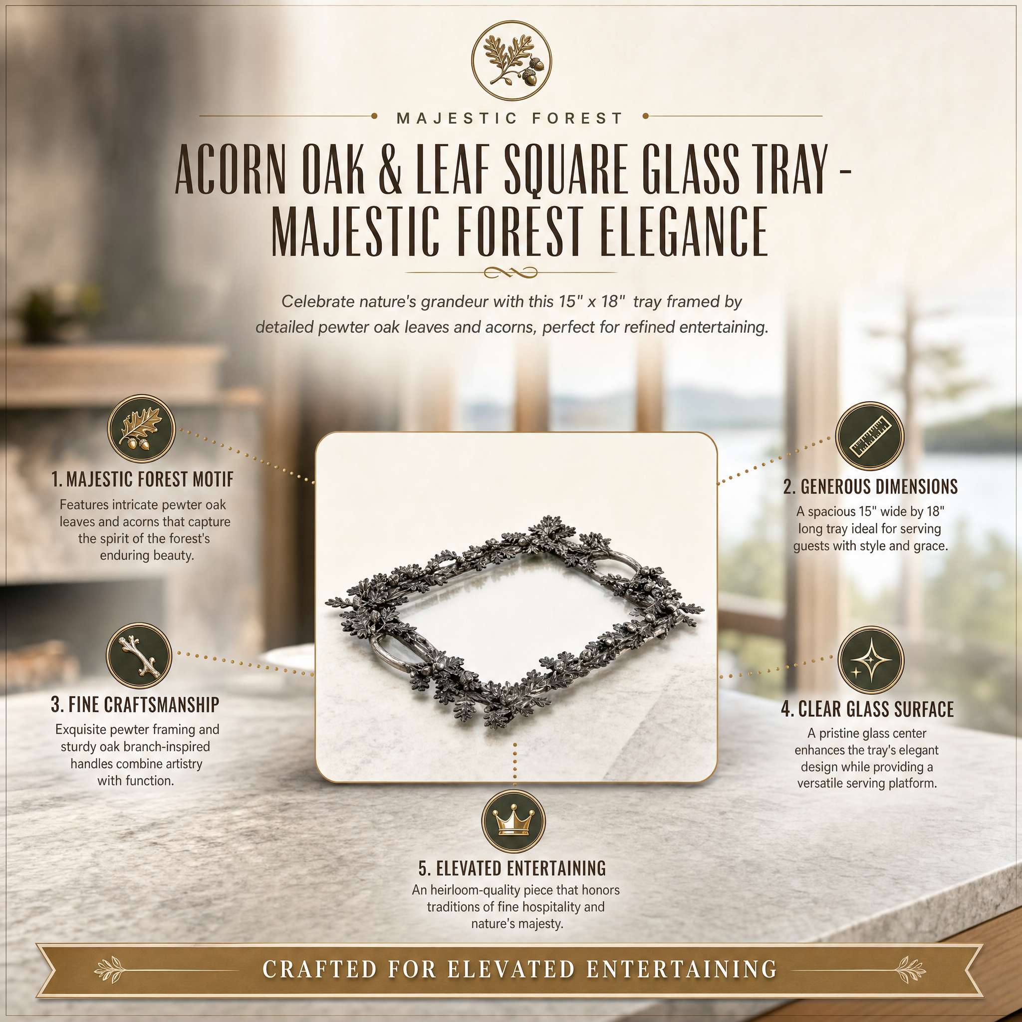 Acorn Oak & Leaf Square Glass Tray