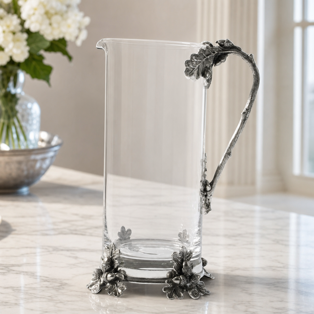 Glass Pitcher Pewter Acorn & Oak Leaf Handle