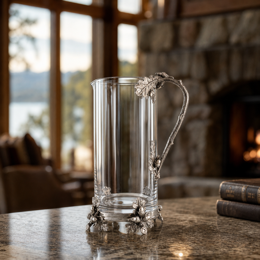 Glass Pitcher Pewter Acorn & Oak Leaf Handle