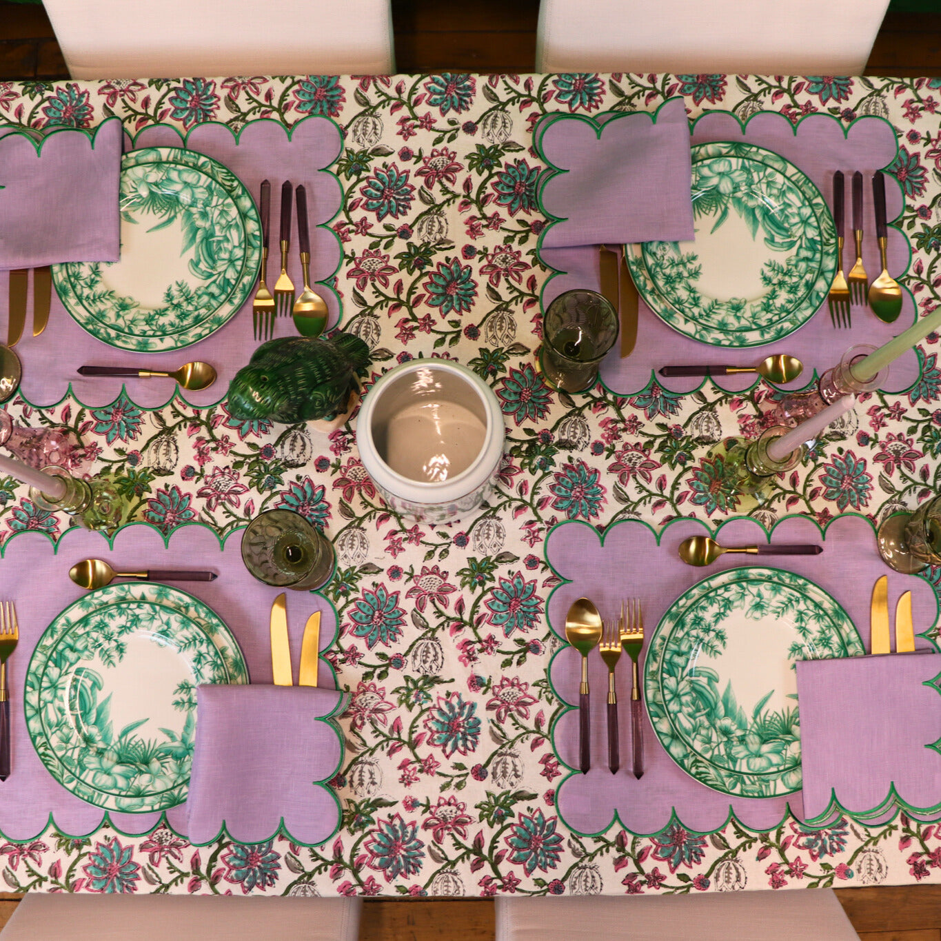 Adorned Linen Napkin in Lilac with Green Trim (Set of 4)