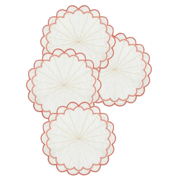 Los Encajeros Escamas Embroidered Linen Coaster in Coral (Set of 4) - The Mayfair Hall
