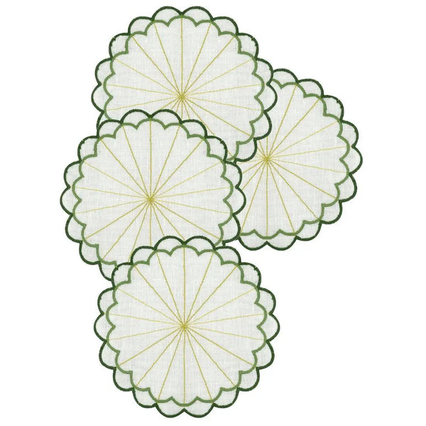 Los Encajeros Escamas Embroidered Linen Coaster in Green (Set of 4) - The Mayfair Hall