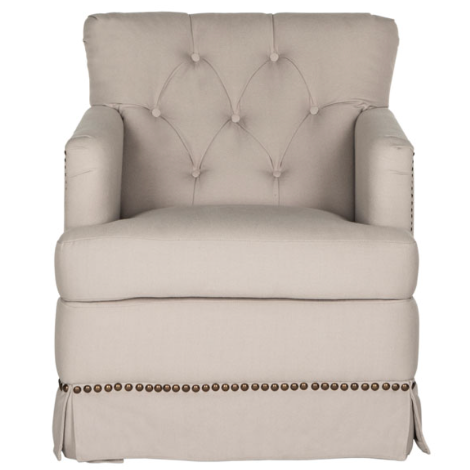 Millicent Swivel Accent Chair in Taupe with Brass Nail Heads