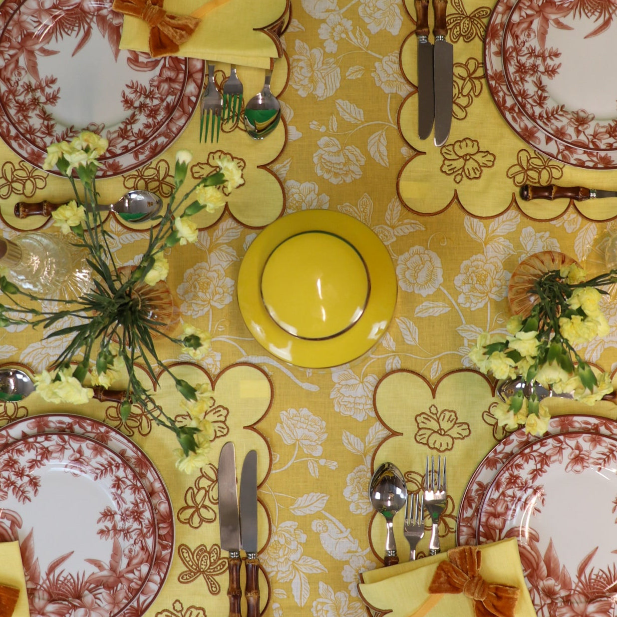 Marigold Flora Parlour Linen Tablecloth in White and Mustard