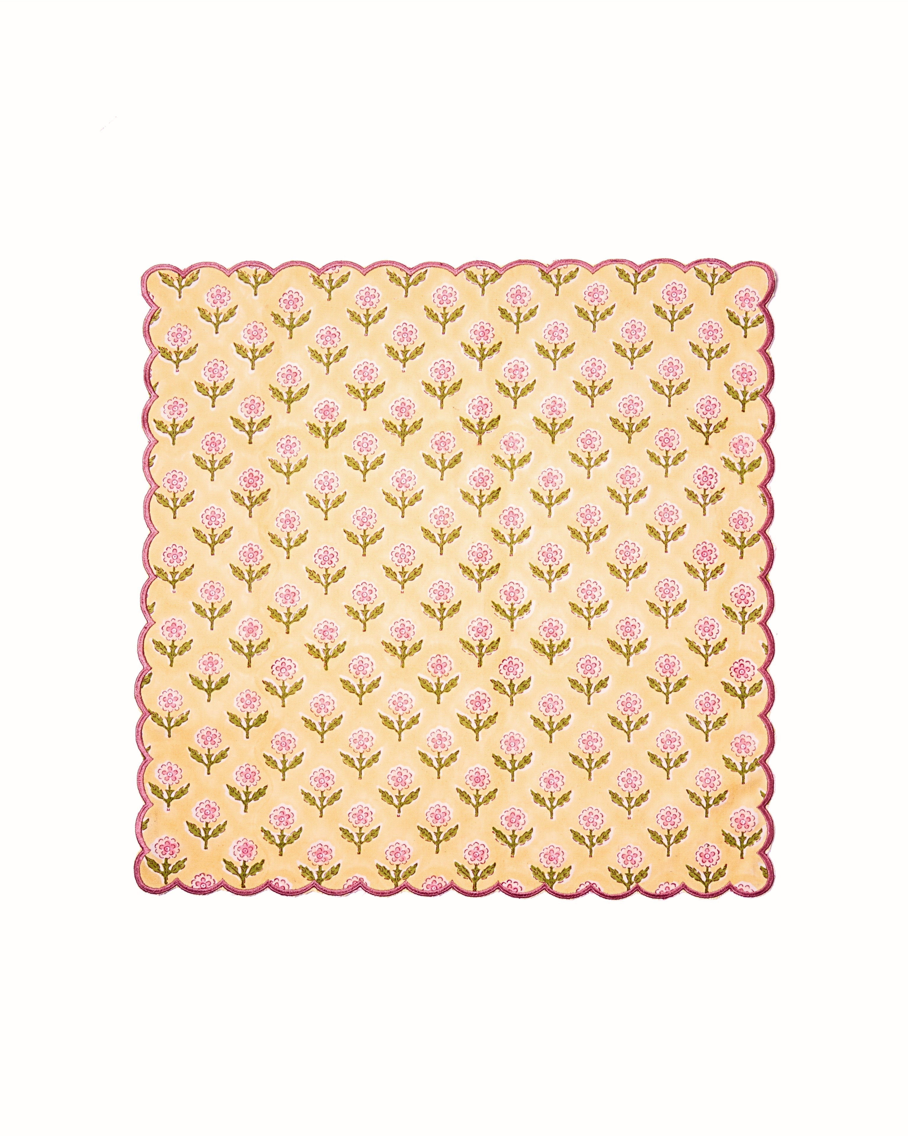 Mona Scallop Embroidered Blockprint Napkins in Butter Yellow, Set of 4