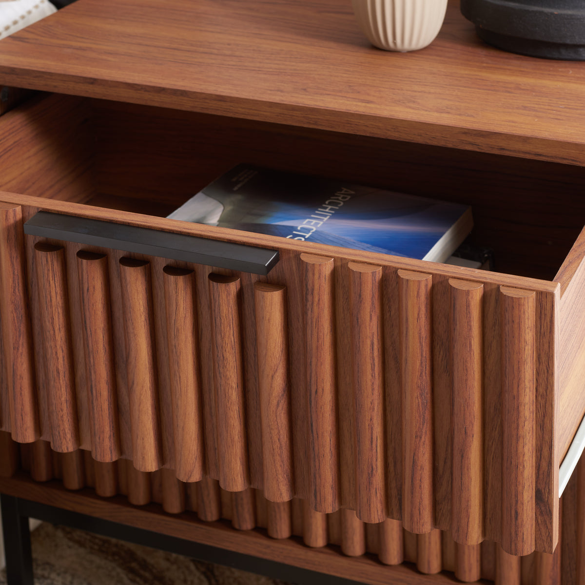 Lylia 2 Drawer Nightstand in Walnut and Black