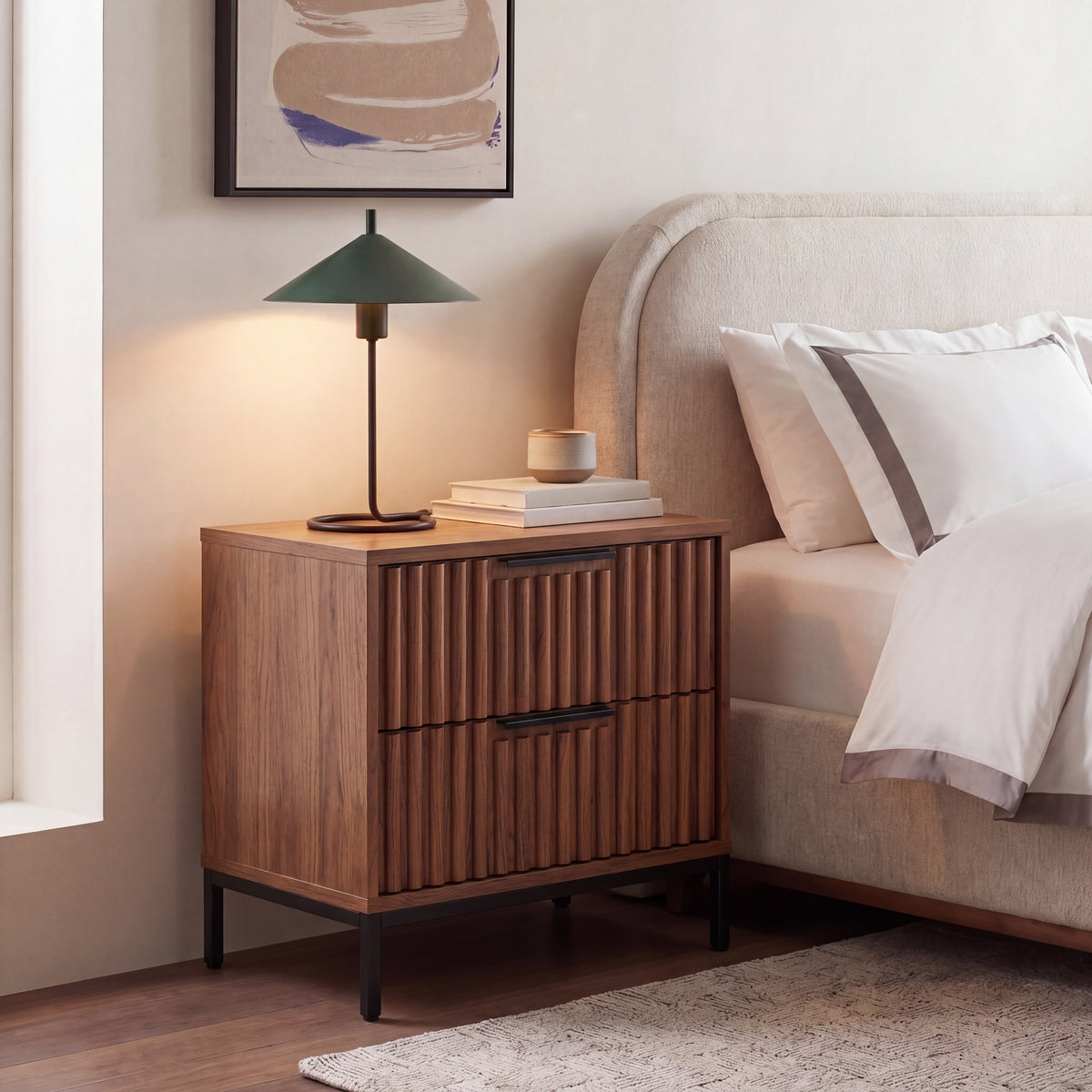 Lylia 2 Drawer Nightstand in Walnut and Black