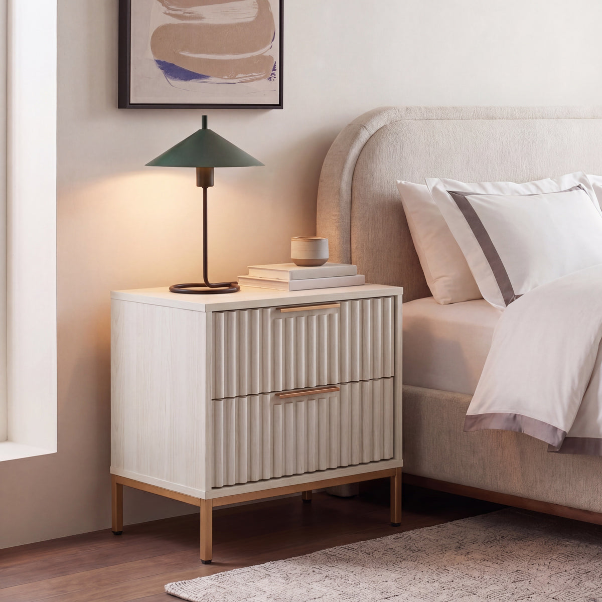Lylia 2 Drawer Nightstand in Bleached White and Gold