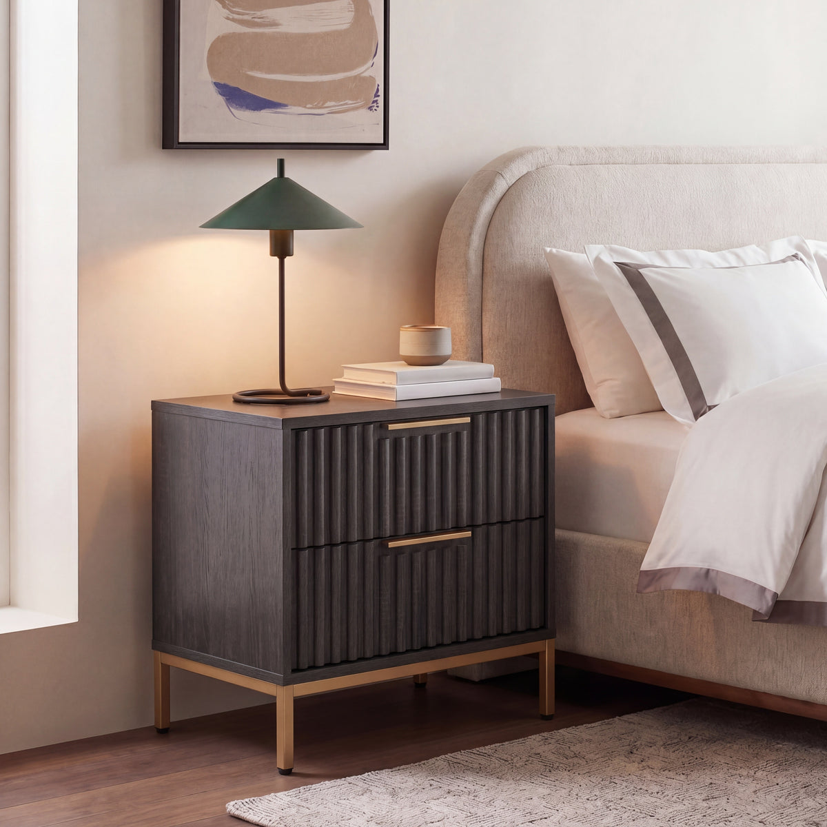Lylia 2 Drawer Nightstand in Distressed Black and Gold