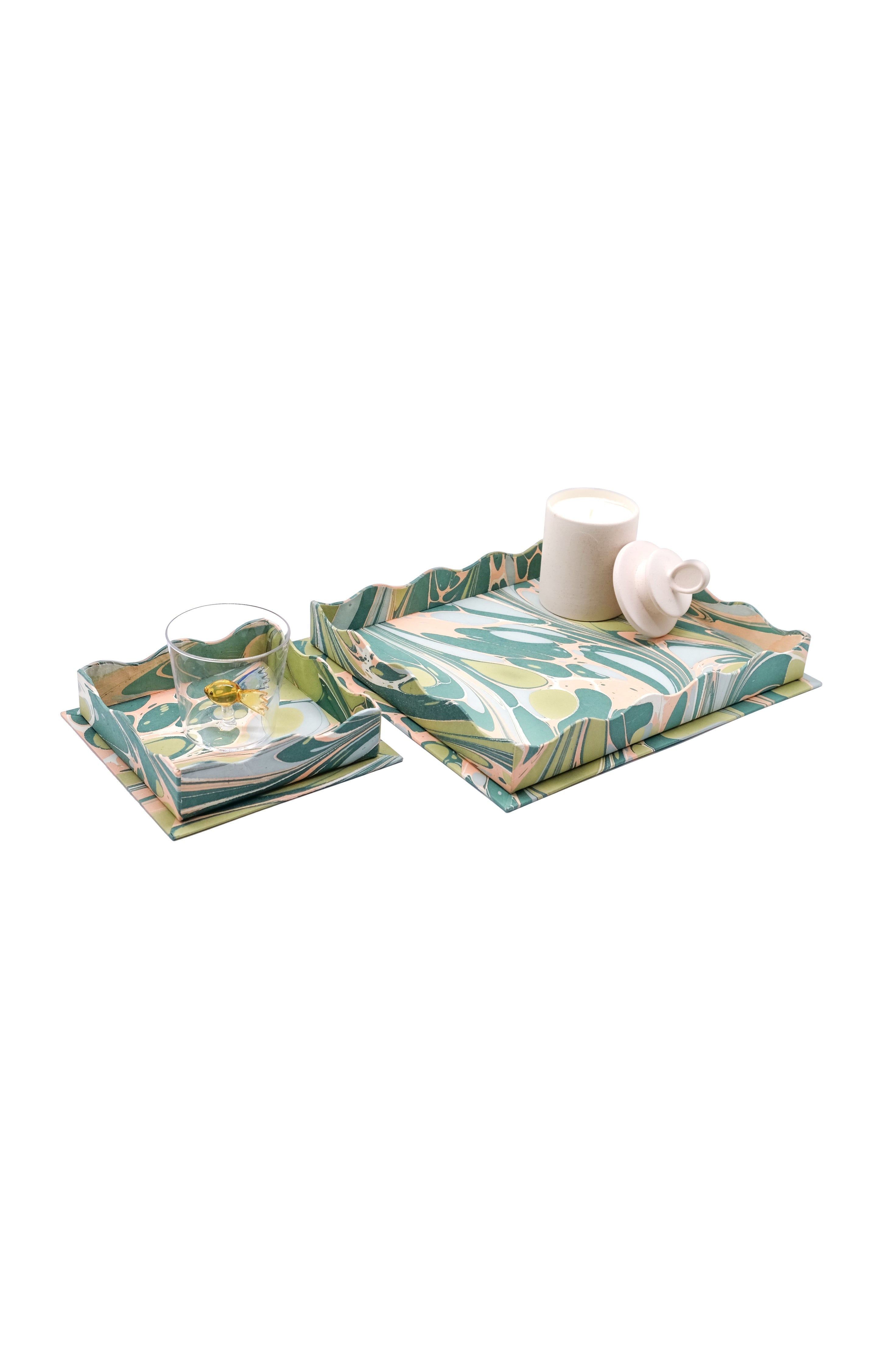 Nesting Scalloped Hand-Marbled Trays in Green and Pink
