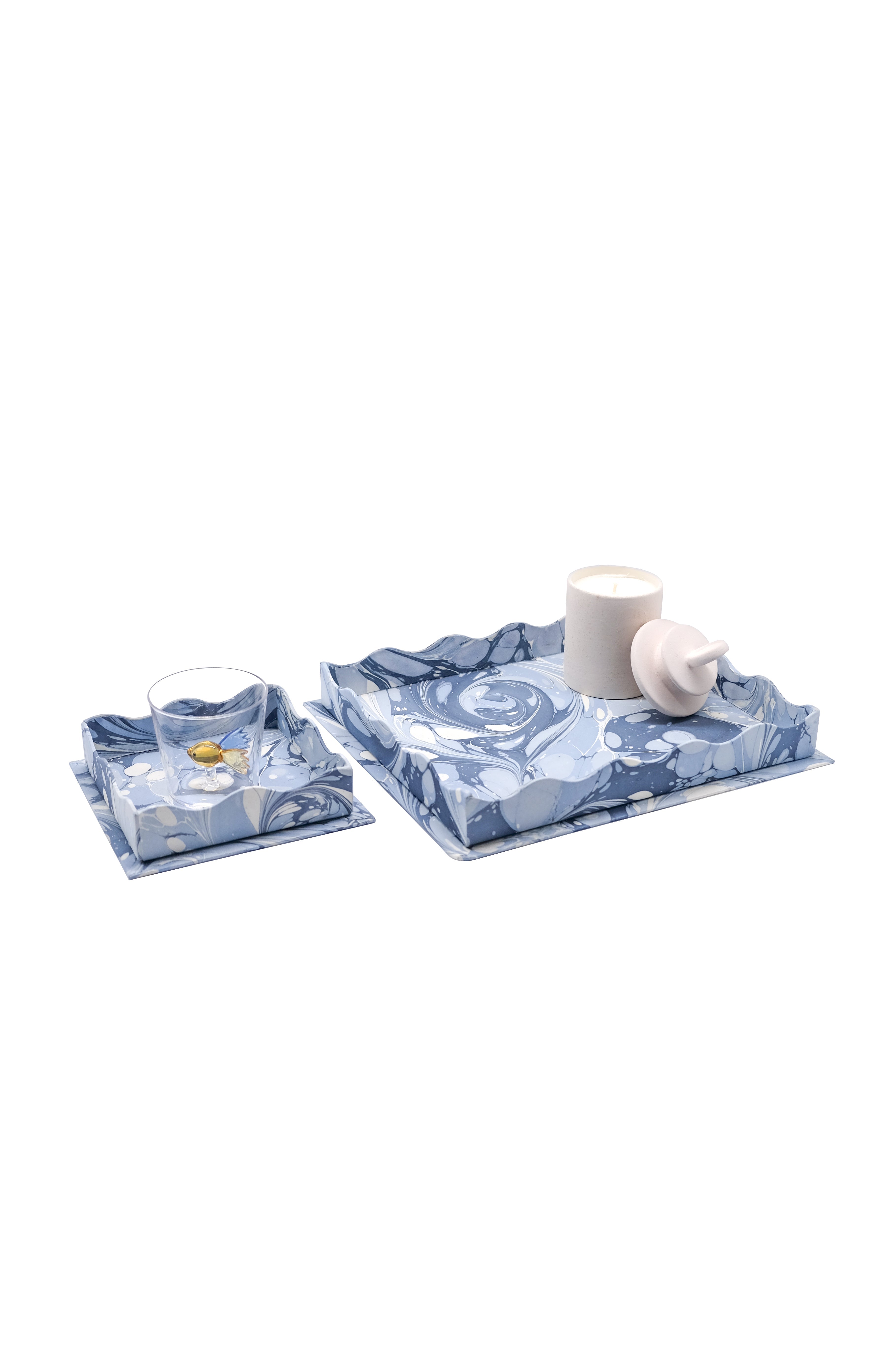 Nesting Scalloped Hand-Marbled Trays in Ocean Wave