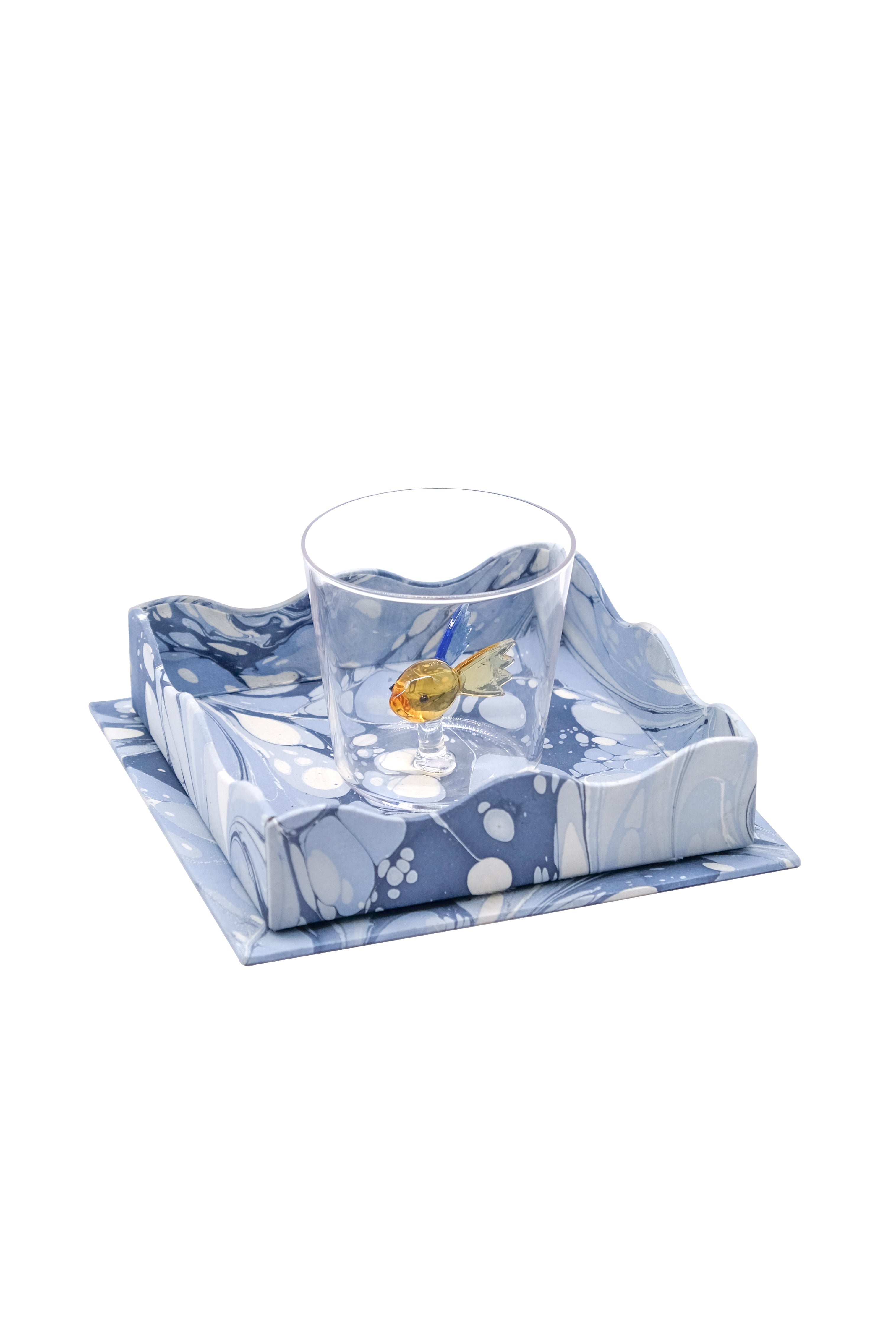 Nesting Scalloped Hand-Marbled Trays in Ocean Wave