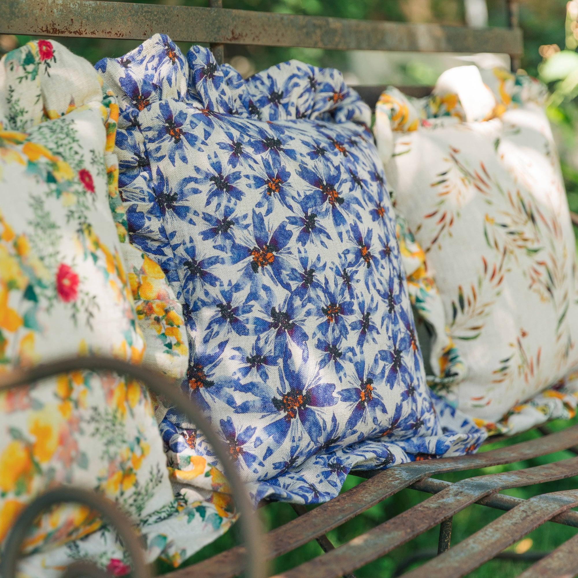 Organic Linen Ruffled Pillow Cover in Blue Harem