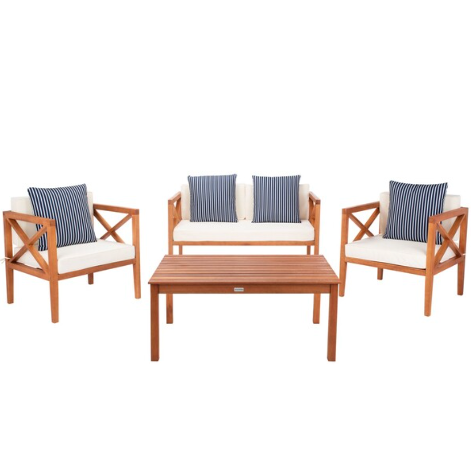 Nunzio 4 Piece Outdoor Living Set in Natural and Beige with Accent Pillows