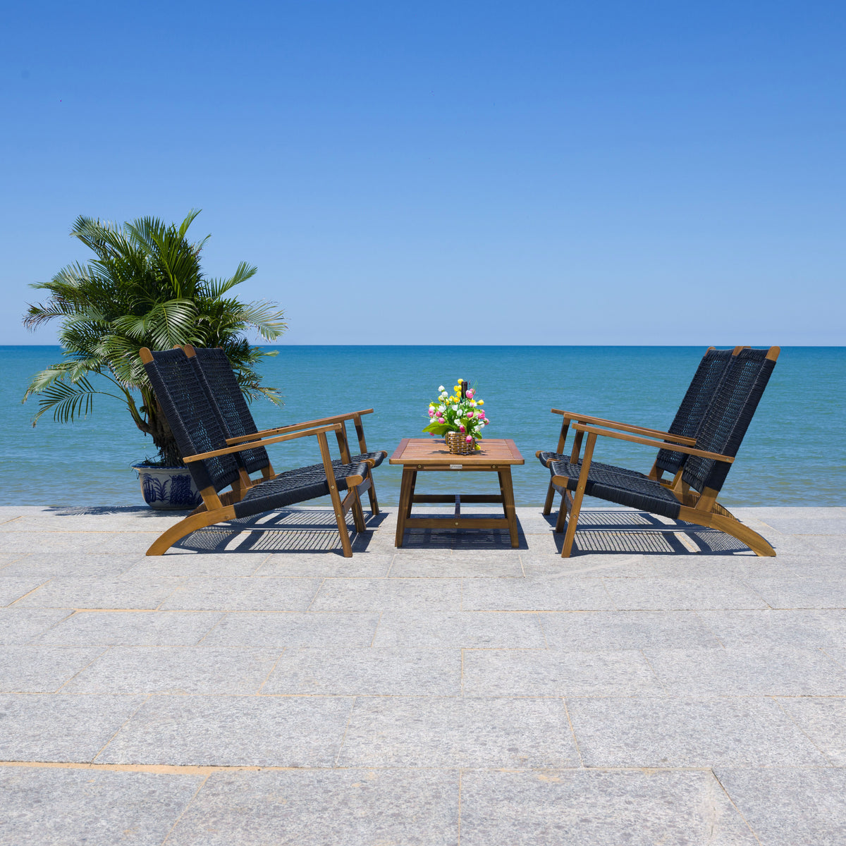 Deven 5 Piece Patio Living Set in Natural Wood and Black Rope
