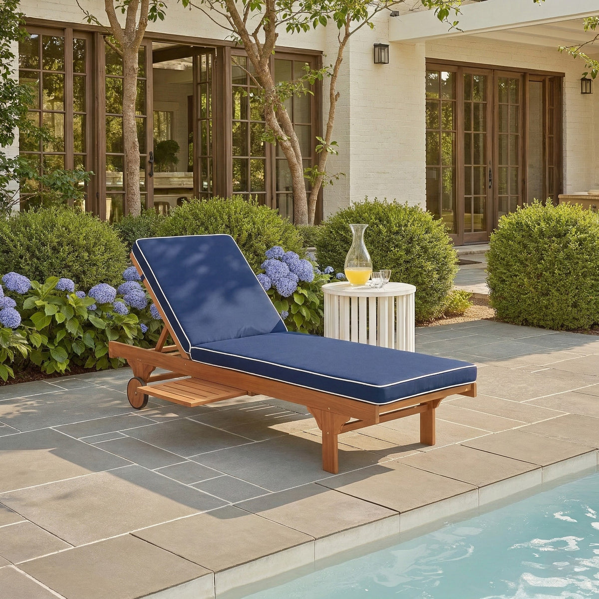 Newport Chaise Lounge in Natural with Navy Cushion and White Piping