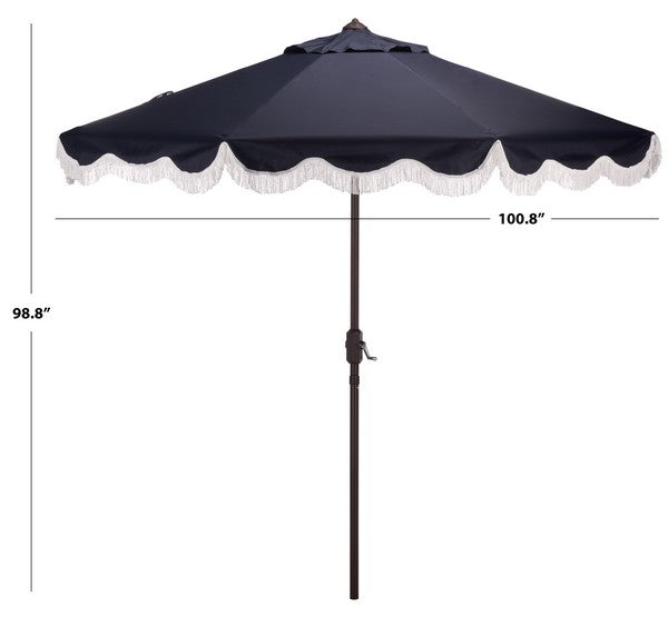 black and white patio umbrella with fringe Safavieh Outdoor Torsa 9ft Crank Umbrella, Navy/White