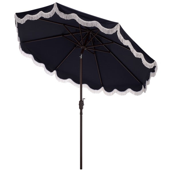 black patio umbrella with fringe Safavieh Outdoor Torsa 9ft Crank Umbrella, Navy/White