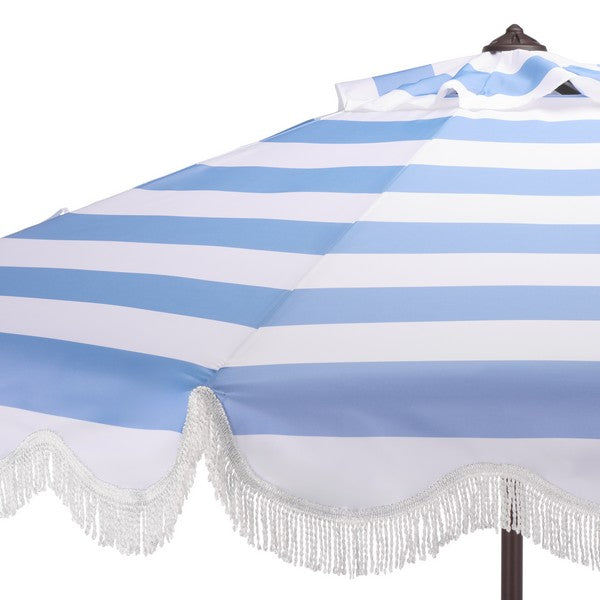 Lucerna Crank Outdoor Umbrella in Baby Blue Stripe with Fringe (9 ft)