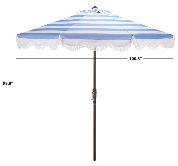 Lucerna Crank Outdoor Umbrella in Baby Blue Stripe with Fringe (9 ft)