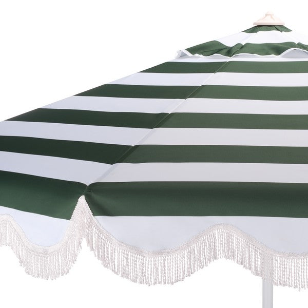 Lucerna Crank Outdoor Umbrella in Hunter Green Stripe with White Fringe (9 ft)
