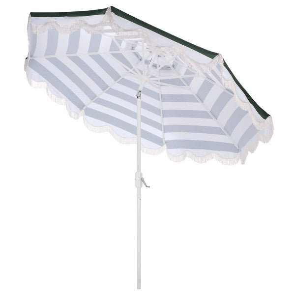 Lucerna Crank Outdoor Umbrella in Hunter Green Stripe with White Fringe (9 ft)