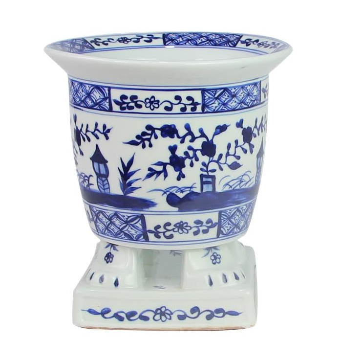 Dark Blue Footed Village Scene Planter