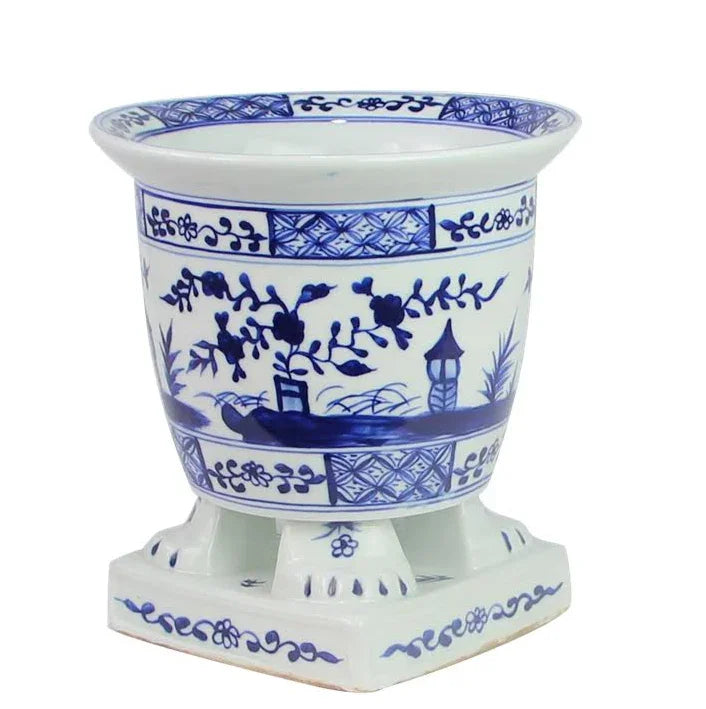 Footed Planter in Dark Blue and White with Village Scene Design - The Mayfair Hall