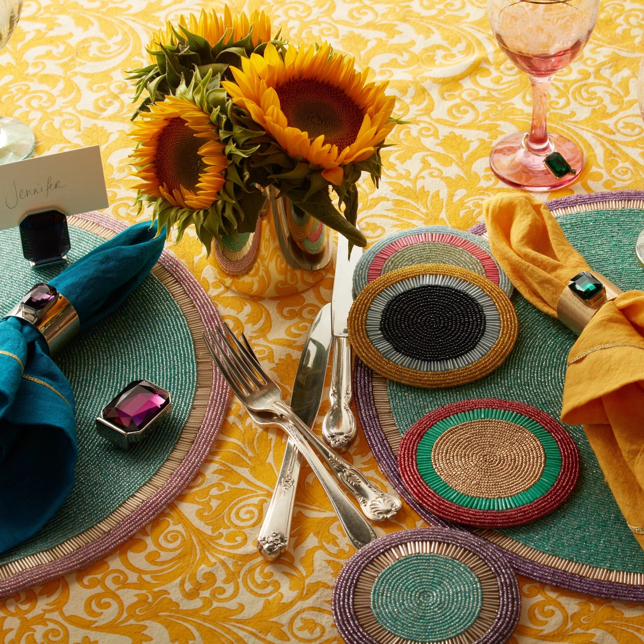 Gold trim dinner napkins, yellow, set of two - The Mayfair Hall