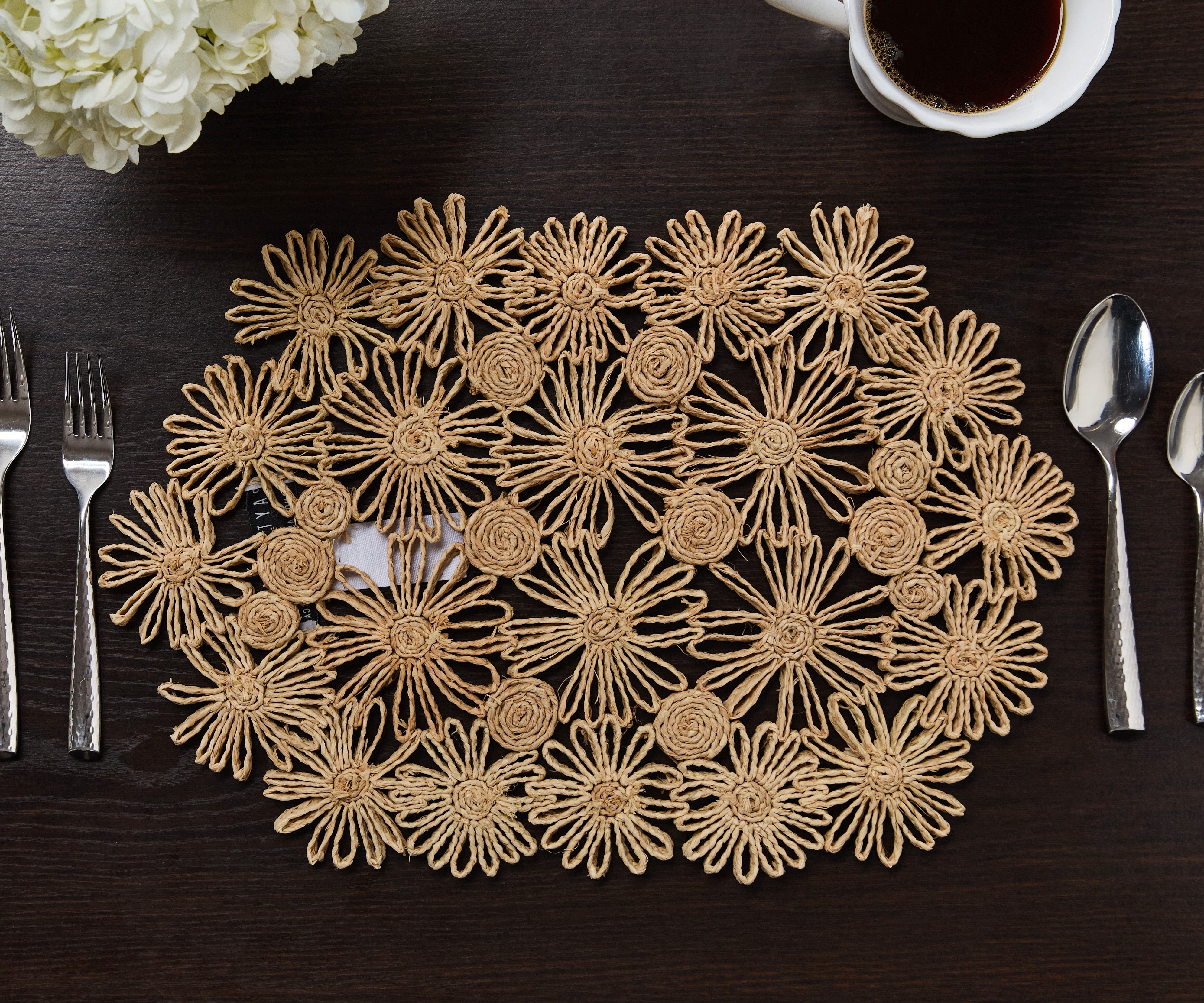 Fleur Raffia Placemat in Natural with Flowers Woven Tabletop