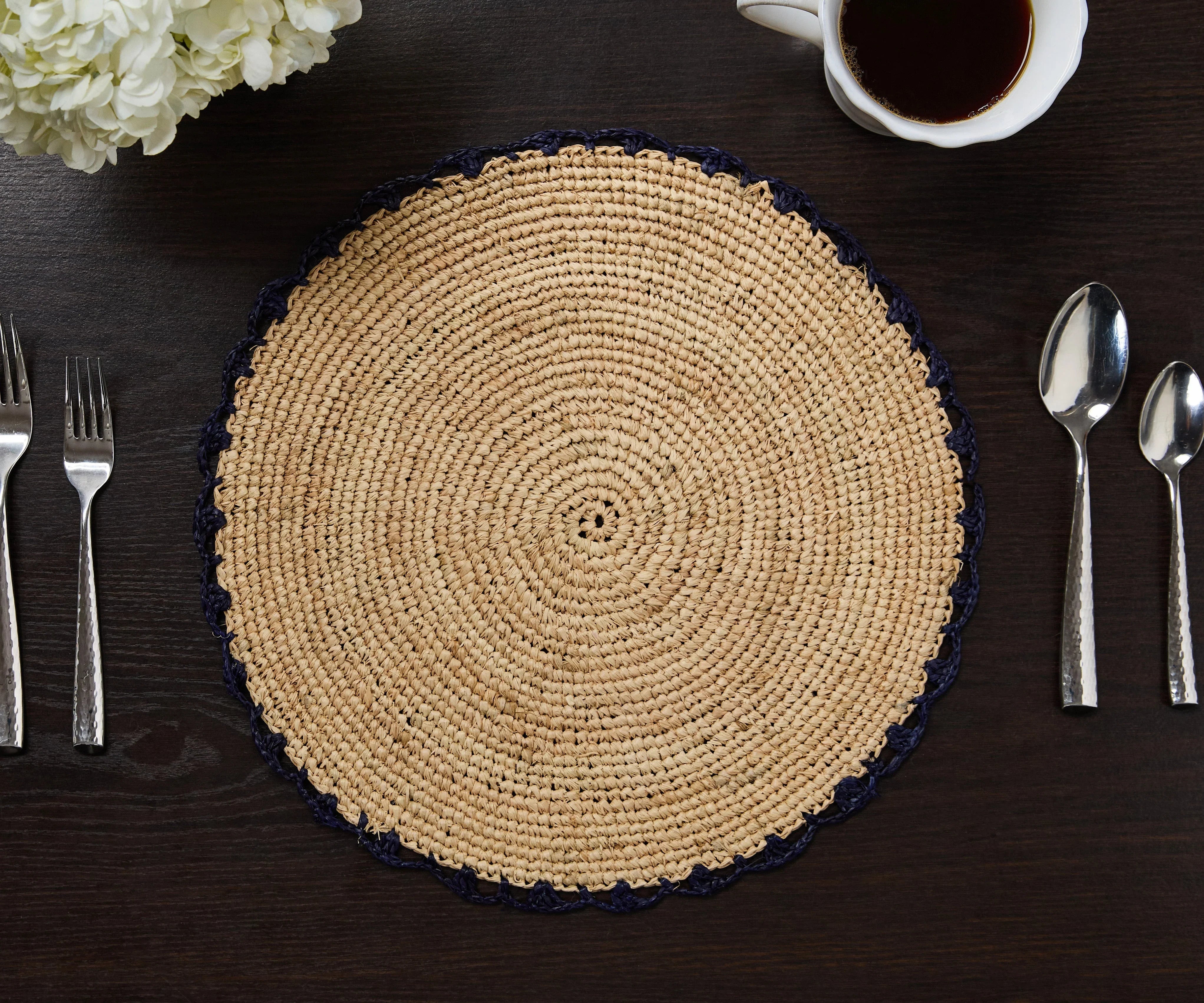 Handwoven Aura Blue Edge Placemat - Rustic Woven Raffia Tabletop Decor - The Mayfair Hall