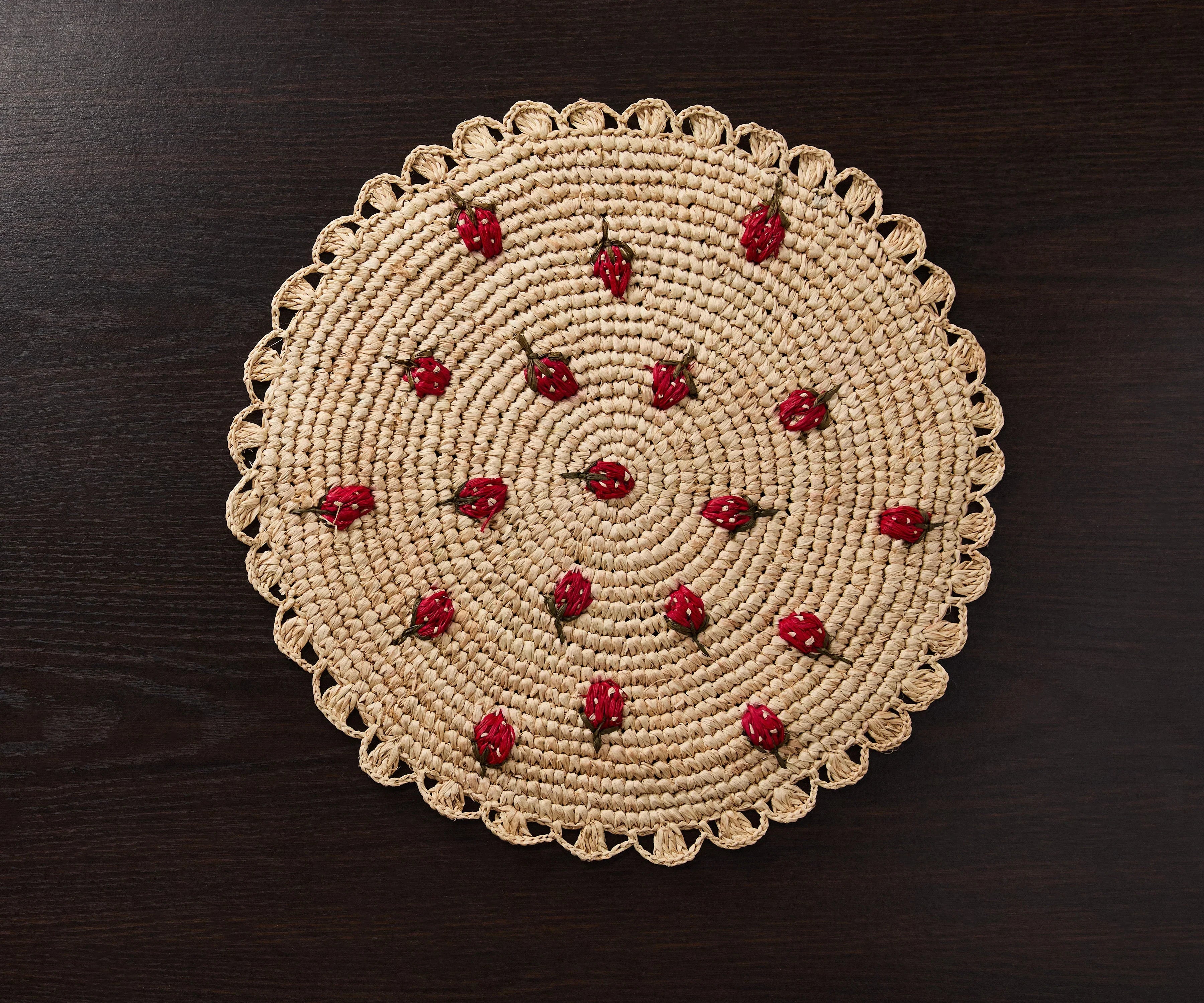 Scattered Strawberry Hand-Crocheted Raffia Palm Round Placemat - The Mayfair Hall